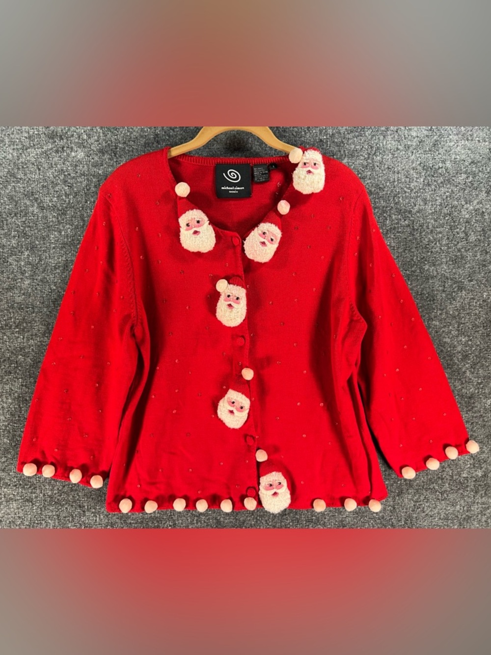 Vintage Michael Simon Event Christmas Cardigan Santa 3D Appliqué Red Sz L